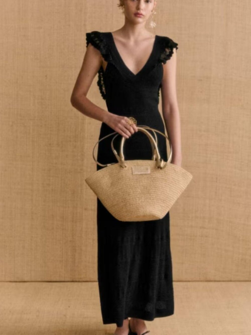 Sézane black knit maxi dress with ruffle sleeves and lace trim, size M